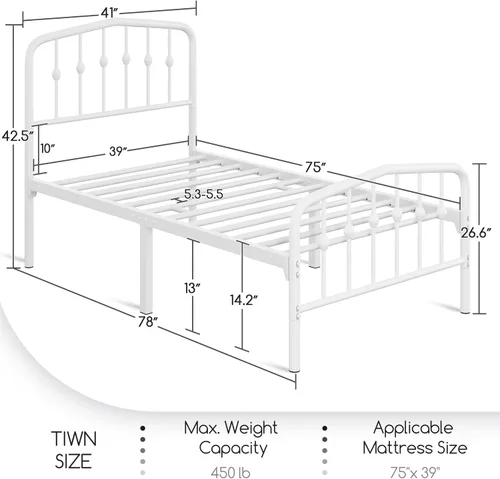 Miniatura 2 de Yaheetech - Base de cama metálica de tamaño individual con cabecera y estribo de estilo victoriano, fácil de ensamblar, sin necesidad de somier