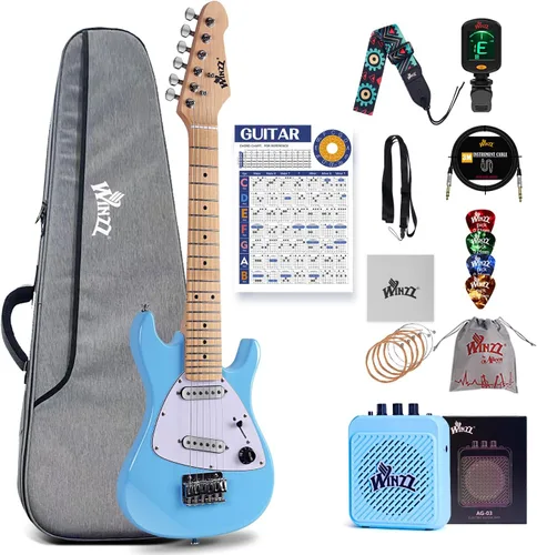 Miniatura 14 de WINZZ - Guitarra eléctrica para niños de 30 pulgadas, kit para principiantes, tamaño 1/4 mini, juego completo de iniciación con amplificador