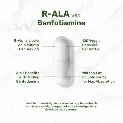 Miniatura 3 de DEAL SUPPLEMENT R Ácido alfa lipoico 600 mg con benfotiamina 300 mg por porción, 120 cápsulas vegetales – 200 mg de R-ALA por cápsula – Suplemento