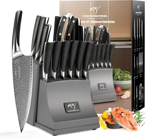 NF NANFANG BROTHERS Juego de Cuchillos de Cocina de Damasco, 15 Piezas con Bloque, Mango Ergonómico ABS, Tenedor de Trinchar, Juego de Bloque de