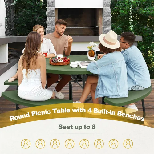 Miniatura 7 de Mesa de picnic Tangkula para 8 personas, mesa redonda para exteriores con 4 bancos incorporados, agujero para sombrilla, marco de metal y superficie