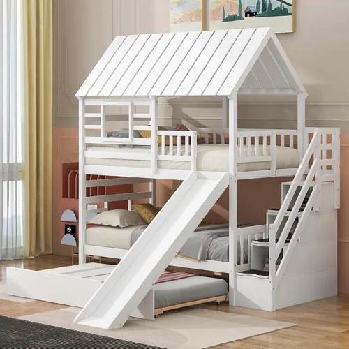 Miniatura 46 de Litera de casa individual sobre cama individual con tobogán convertible y nido, litera de madera maciza con techo y ventana para niños, verde-blanco