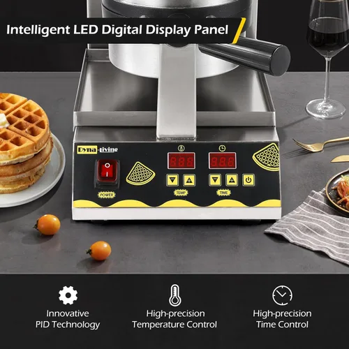 Miniatura 2 de Dyna-Living Máquina de gofres belga comercial inteligente redonda giratoria 180° antiadherente Flip Waffle Iron Machine profesional comercial