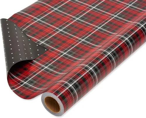 American Greetings Rollo de papel de regalo reversible jumbo para Navidad, papel de regalo navideño rojo y negro (175 pies cuadrados, 1 rollo extra