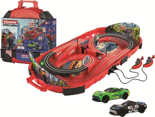 Carrera Speed Arena Police Chase - Pista de carreras de coches con ranura portátil. Incluye 2 coches - Juego de carreras de juguete con batería para
