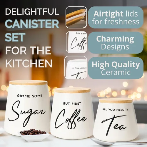 Miniatura 6 de Juego de recipientes de cerámica para té de café y azúcar con tapas de bambú, recipientes de cocina herméticos de 3 piezas para encimera, juego