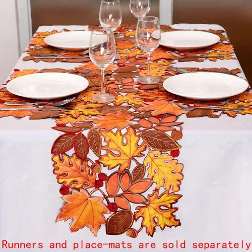 Miniatura 3 de Camino de mesa bordado de hojas de otoño para Acción de Gracias, decoraciones de cosecha de otoño (14 x 34 pulgadas)