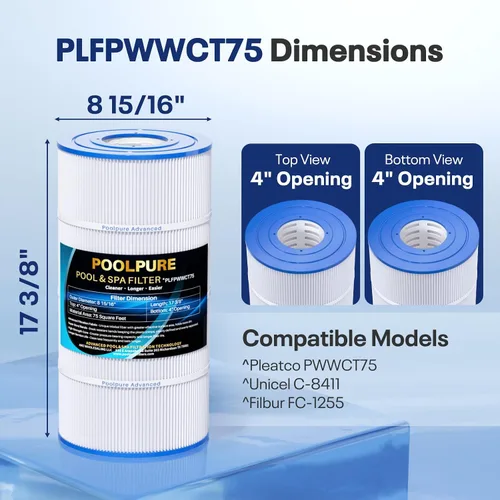 Miniatura 2 de POOLPURE Filtro de spa para piscina que reemplaza PWWCT75, Ultral-B6, Unicel C-8411, Filbur FC-1255, Waterway 817-0075N, Waterway Clearwater II 75