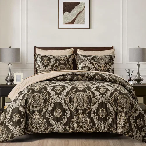 Miniatura 10 de WONGS BEDDING - Juego de edredón negro tamaño full, textura damasco dorado, juego de 7 piezas en una bolsa, de microfibra - 1 edredón, 1 sábana