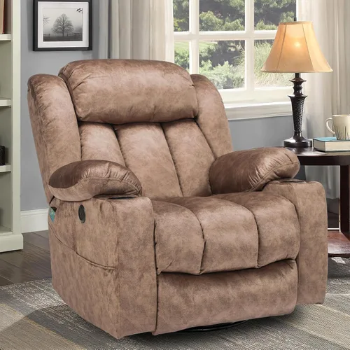 Silla reclinable manual giratoria de 360 grados con masaje y calor, puertos USB, bolsillos laterales y portavasos, tela de terciopelo (marrón)