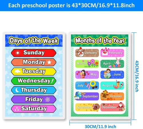 Miniatura 5 de Blulu Póster preescolar laminado para niños pequeños y niños, 2 piezas de pósteres laminados completos de días de la semana y meses del año
