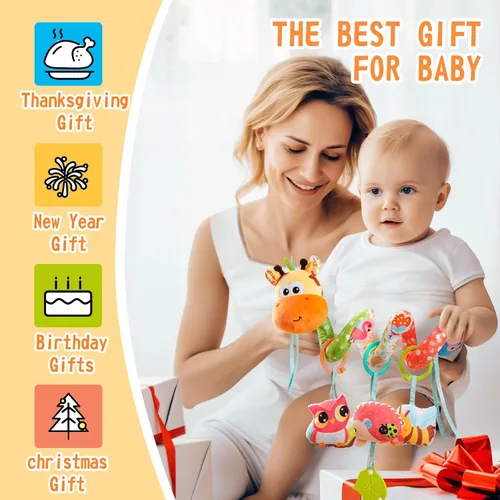 Miniatura 6 de Jollybaby Cochecito de cuna, juguetes para asiento de automóvil para bebé de 0-3-6-9-12 meses, juguetes sensoriales colgantes para recién nacido
