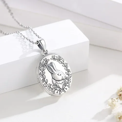 Miniatura 2 de OHAYOO Collar con medallón de conejo de plata de ley 925 con medallón de fotos de conejito vintage que sostiene fotos, regalo personalizado