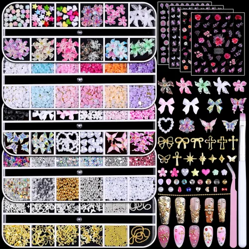5 cajas de metal dorado y plateado para uñas punk, pétalos de flores, lazos de corazón, perlas de estrella, diamantes de imitación, joyas de arte de