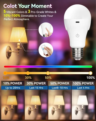 Miniatura 5 de BoRccdit CordlessGlow - Bombillas recargables con control remoto, 5 RGB + 3 CCT regulables, funciona con pilas, para lámparas cableadas y sin