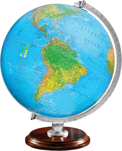 Globo iluminado estándar de 12" de diámetro, cartografía de EE. UU. con base de madera dura con acabado en nogal y bola de globo oceánico azul. Una