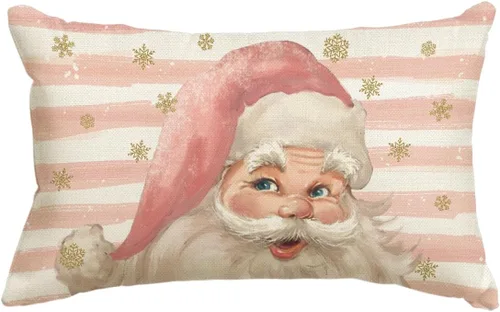 AVOIN colorlife Funda de almohada con diseño de rayas de Papá Noel, 12 x 20 pulgadas, color rosa, decoración para sofá