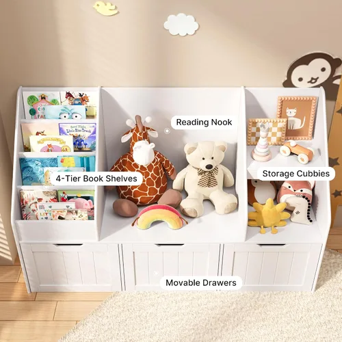 Miniatura 7 de Gizoon Organizador de almacenamiento de juguetes para niños con rincón de lectura, estantería para niños con 3 cajones móviles, rincón de lectura