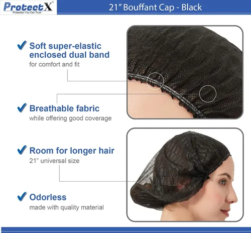 Miniatura 3 de ProtectX Paquete de 100 redes desechables negras para el cabello, cubierta elástica para la cabeza, gorras Bouffant, cubierta de cabeza