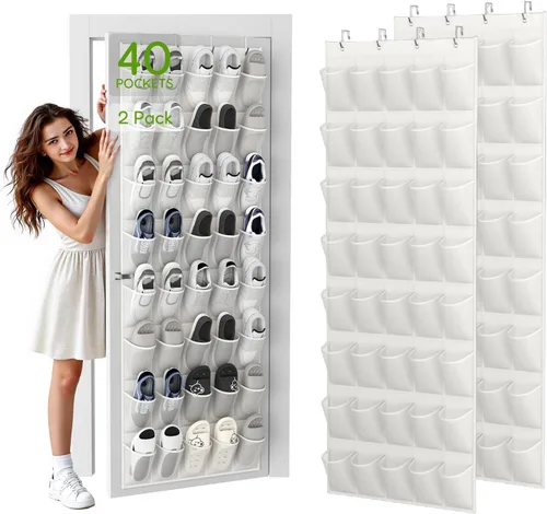 Miniatura 12 de Organizador de zapatos colgante sobre la puerta con 40 bolsillos grandes de malla transpirable, soporte de zapatos que ahorra espacio, estante