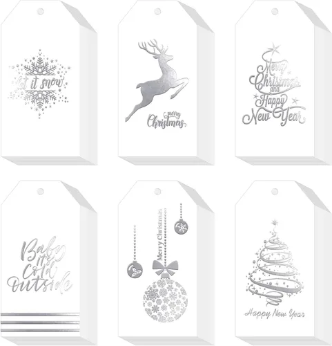 Whaline 120 Piezas Etiquetas de Regalo de Papel de Aluminio Plateado de Navidad Etiquetas Colgantes de Nombre de Días Festivos con Cordel para Plata