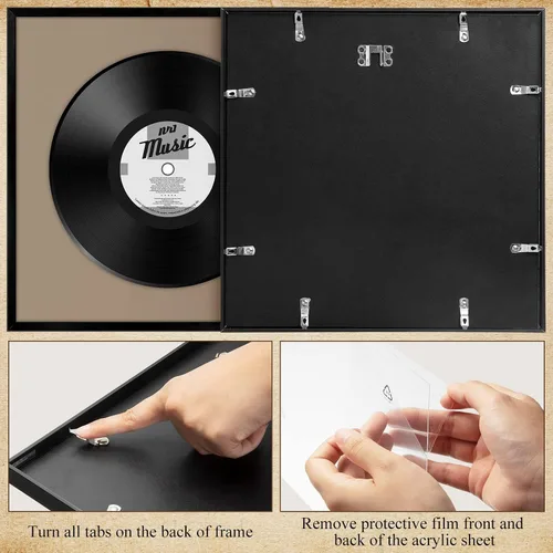 Miniatura 5 de Treela 6 marcos de álbum de vinilo negro de 12.5 x 12.5 pulgadas para exhibición, cable de grabación de 12 pulgadas con cubierta, álbum de música