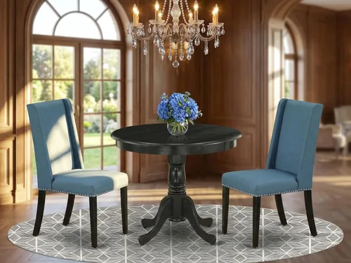 Miniatura 2 de East West Furniture ANFL3-ABK-21 - Juego de mesa de comedor moderno de 3 piezas que contiene una mesa de cocina redonda con pedestal y 2 sillas