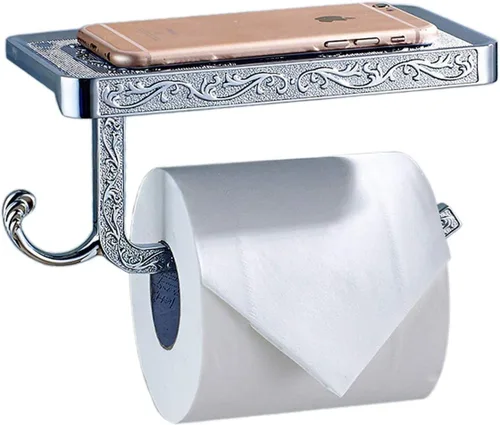 Soporte de papel higiénico con estante para teléfono y gancho, estilo vintage, accesorios de baño reversibles (acabado cromado)