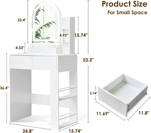 Miniatura 2 de Vanity, pequeño escritorio de tocador con espejo y luces, espacio de almacenamiento con estante lateral, tocador compacto para niñas