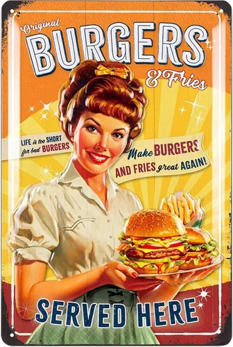 LANOLU Letrero de hojalata vintage – Hamburguesas, arte retro para pared, barbacoa y decoración de cocina de los años 50, 8 x 12 pulgadas