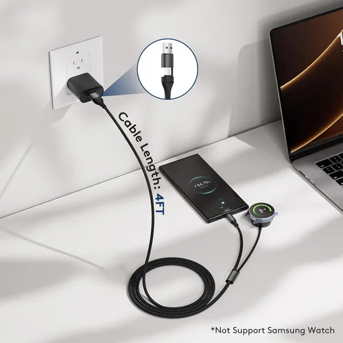 Miniatura 4 de cugunu Cable de carga portátil múltiple USB A/C a Galaxy Watch/USB C, cable de carga inalámbrico magnético para automóvil 2 en 2, compatible