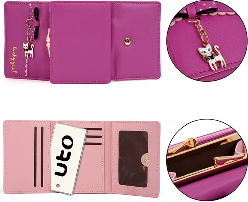 Miniatura 5 de UTO - Billetera para niñas de cuero vegano, lindo gato colgante, organizador de tarjetas, monedero para mujeres, Zoe Rose Red, S