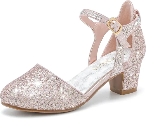Zapatos de vestir para niñas, puntera cerrada, tacones altos y gruesos, correa para el tobillo, zapatos de tacón para boda y fiesta