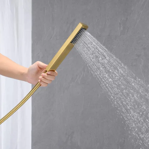 Miniatura 6 de Wowkk Grifo de Bañera Independiente Dorado Cepillado Cascada Llenador de Bañera Montaje en Piso Latón Mango Único Grifos de Baño con Ducha de Mano