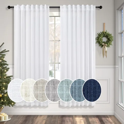 Miniatura 59 de Cortinas de lino azul de 84 pulgadas de largo para sala de estar; juego de 2 paneles con lengüeta trasera; cortinas con dobladillo para barra; Azul