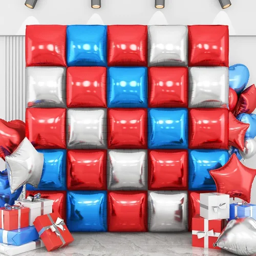 Globos de aluminio cuadrados rojos, azules y plateados, kit de 25 globos de doble cara para fondo, túnel de helio, arco, guirnalda para el 4 de Rojo
