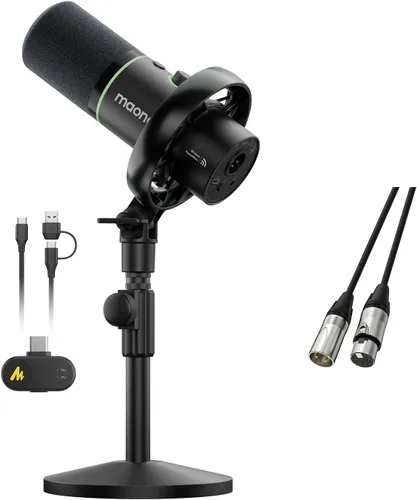 MAONO PD200W Micrófono inalámbrico híbrido para podcast para PC, micrófono dinámico XLR USB con soporte de escritorio (PD200W+XLR-180)