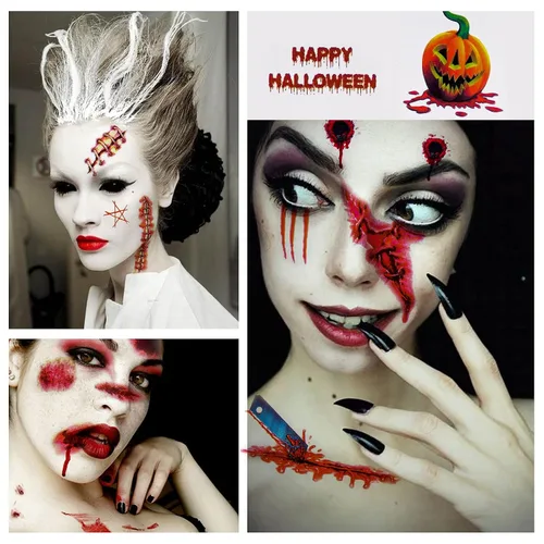 Miniatura 5 de NiHome 40 hojas de Halloween terror extraíble realista falso tatuaje temporal, traje de zombi Cosplay herida de sangre sangrado cicatriz variedad