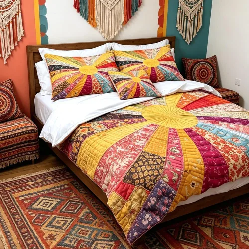 Miniatura 6 de Juego de funda de edredón bohemio de microfibra individual, juego de ropa de cama floral de retazos artesanales, estilo rústico moderno