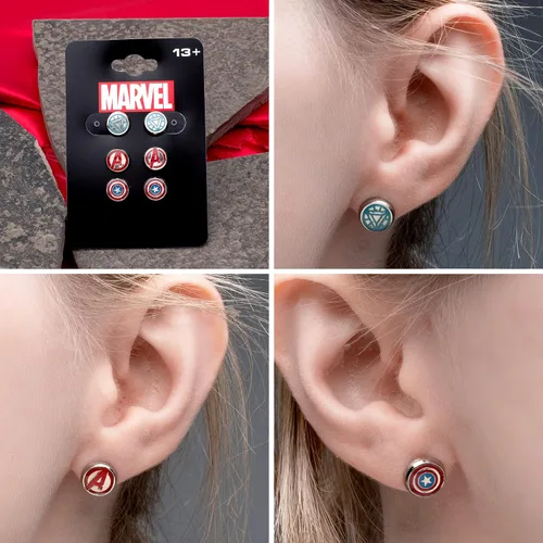 Miniatura 5 de Aretes hipoalergénicos de acero inoxidable con licencia oficial de Marvel Comics para mujer, diseño de Avenger, unisex, Esmalte