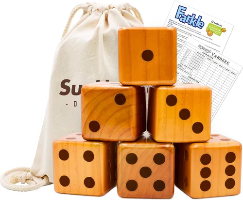 Miniatura 10 de SunNordic Juego de 6 dados gigantes de madera para patio, juego de Yardzee para césped al aire libre Jumbo con cubo y tarjeta de puntuación Farkle