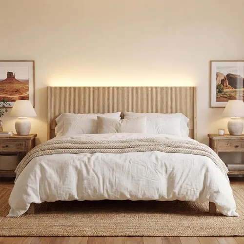Miniatura 3 de Cabecera tamaño Queen solamente, moderna cabecera acanalada montada en la pared con iluminación, cabecera de cama de madera bohemia elegante Natural