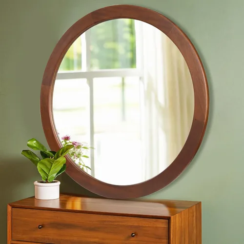 Miniatura 2 de CULER Espejo Redondo de 36 Pulgadas, Espejo de Pared Templado Rústico de Baño con Marco de Madera de Nogal, Espejos Circulares de Madera