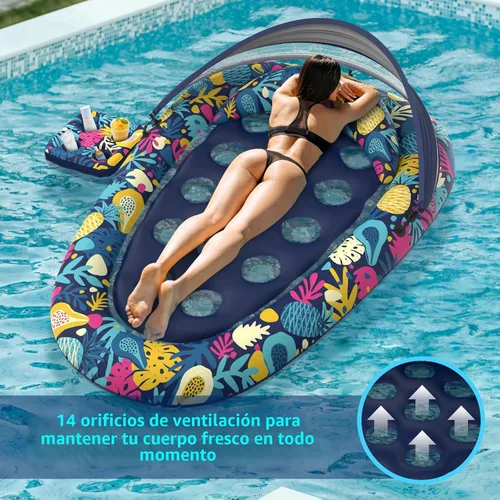 Miniatura 4 de Sunikko X Flotadores de piscina 3 en 1 con soporte para toldo, flotadores grandes de 73 x 48 pulgadas para adultos, resistente, tumbona inflable