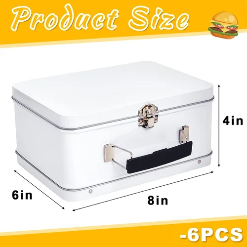Miniatura 2 de Rtteri Paquete de 6 loncheras de lata retro de 8 x 6 x 4 pulgadas con tapas con bisagras, caja grande para almacenamiento, diseño en blanco, Plateado