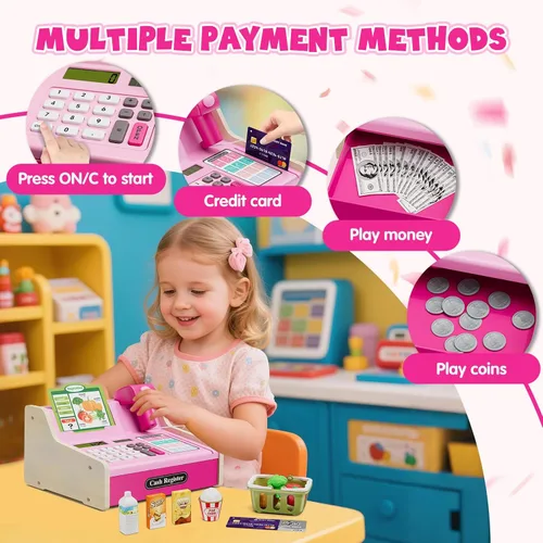 Miniatura 4 de Wee Wonders Caja registradora de madera para niños con calculadora real, juguete recargable de caja registradora con escáner/dinero