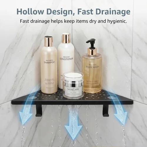 Miniatura 6 de HIDROP 2 Pack Corner Shower Shelves with 4 Hooks & 4 Razor Holes, 10" Matte Black Stainless Steel Bathroom Corner Shelf, Embed into Tile Gap Shower