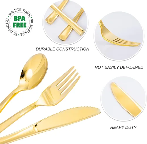 Miniatura 4 de N9R Juego de cubiertos de plástico dorado de 500 piezas, vajilla desechable de plástico dorado, 200 tenedores, 150 cucharas, 150 cuchillos