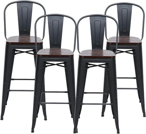 Miniatura 4 de HAOBO Home Taburetes de bar de 24 pulgadas de respaldo alto con asiento de madera [juego de 4] taburetes de bar de altura de mostrador, negro mate