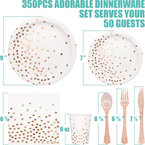 Miniatura 2 de Suministros de fiesta blanco y oro rosa – Juego de vajilla desechable de 350 piezas con platos de papel, servilletas, vasos, tenedores de plástico
